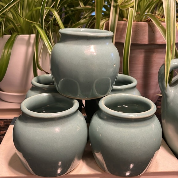 Vintage Glazed Pottery Bean Chili-Soup lg Pot w/6 crocks Signed USA Blue Green - Picture 5 of 12